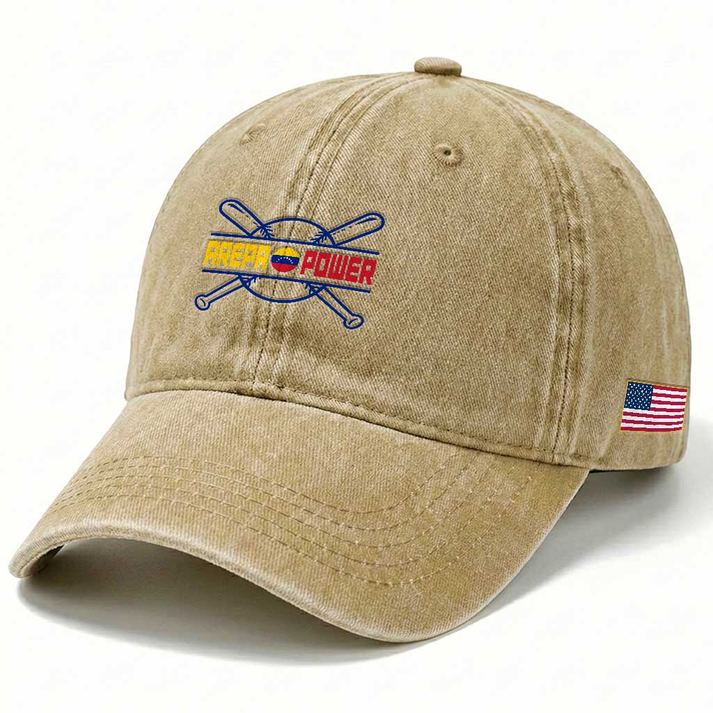 Arepa Power Baseball Crossed Bats Washed Cotton Baseball Cap Funny Venezuelan Pride Gift for Latino Sports Fans TS02 Print Your Wear