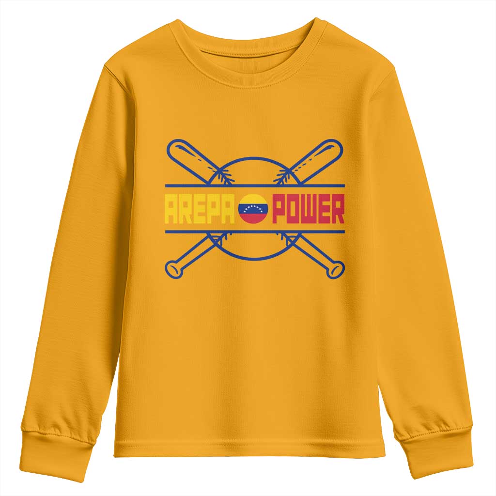 Arepa Power Baseball Crossed Bats Youth Sweatshirt Funny Venezuelan Pride Gift for Latino Sports Fans TS02 Gold Print Your Wear