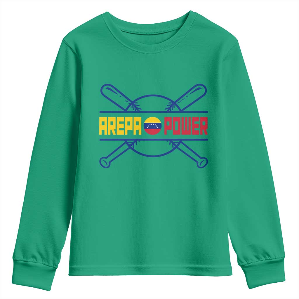 Arepa Power Baseball Crossed Bats Youth Sweatshirt Funny Venezuelan Pride Gift for Latino Sports Fans TS02 Irish Green Print Your Wear