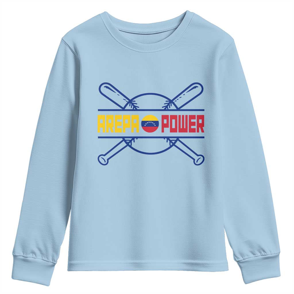 Arepa Power Baseball Crossed Bats Youth Sweatshirt Funny Venezuelan Pride Gift for Latino Sports Fans TS02 Light Blue Print Your Wear