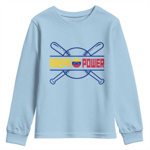 Arepa Power Baseball Crossed Bats Youth Sweatshirt Funny Venezuelan Pride Gift for Latino Sports Fans TS02 Light Blue Print Your Wear