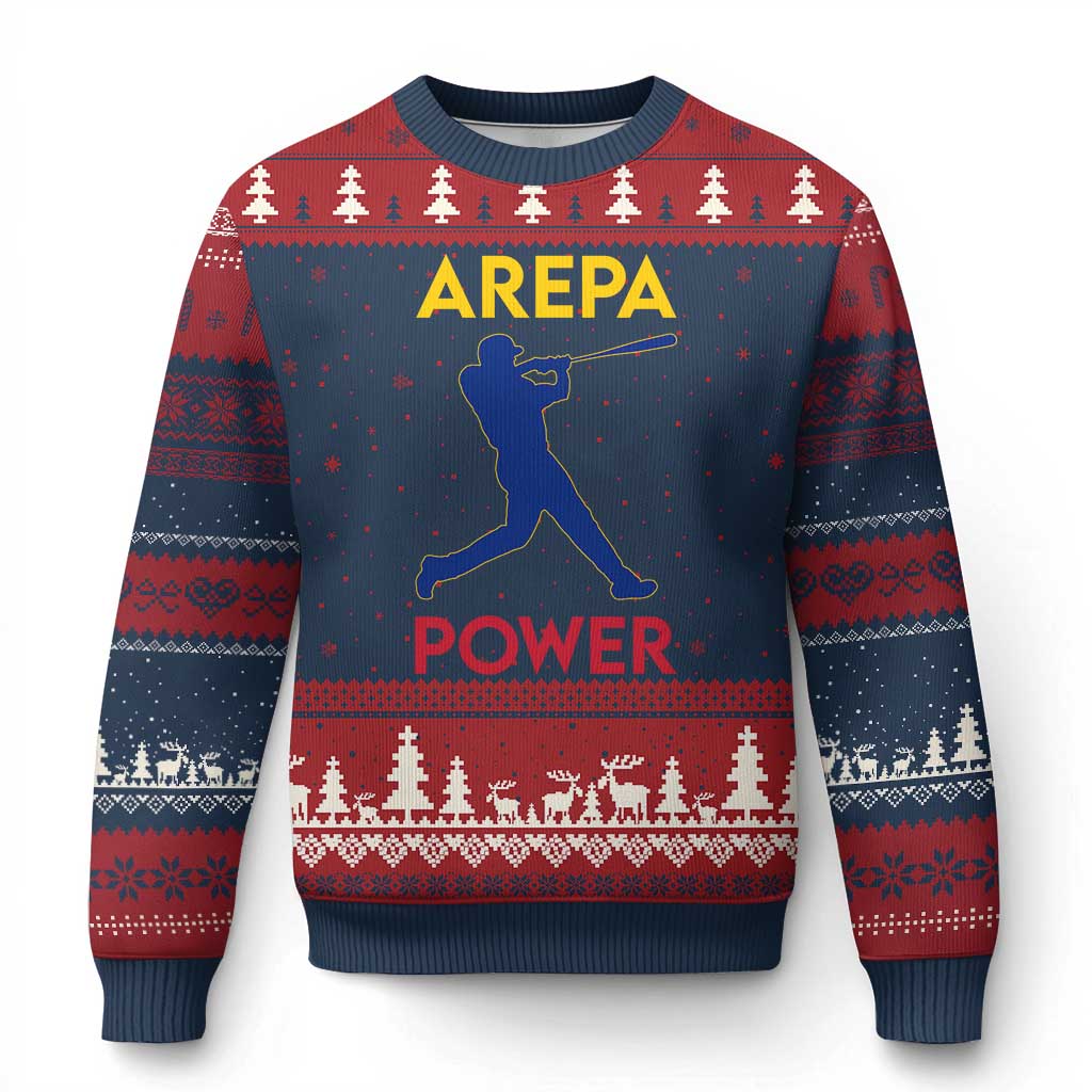 Arepa Power Baseball Batter Silhouette Ugly Christmas Sweater Venezuelan Pride Beisbol for Baseball Fans TS02 Navy Red Print Your Wear