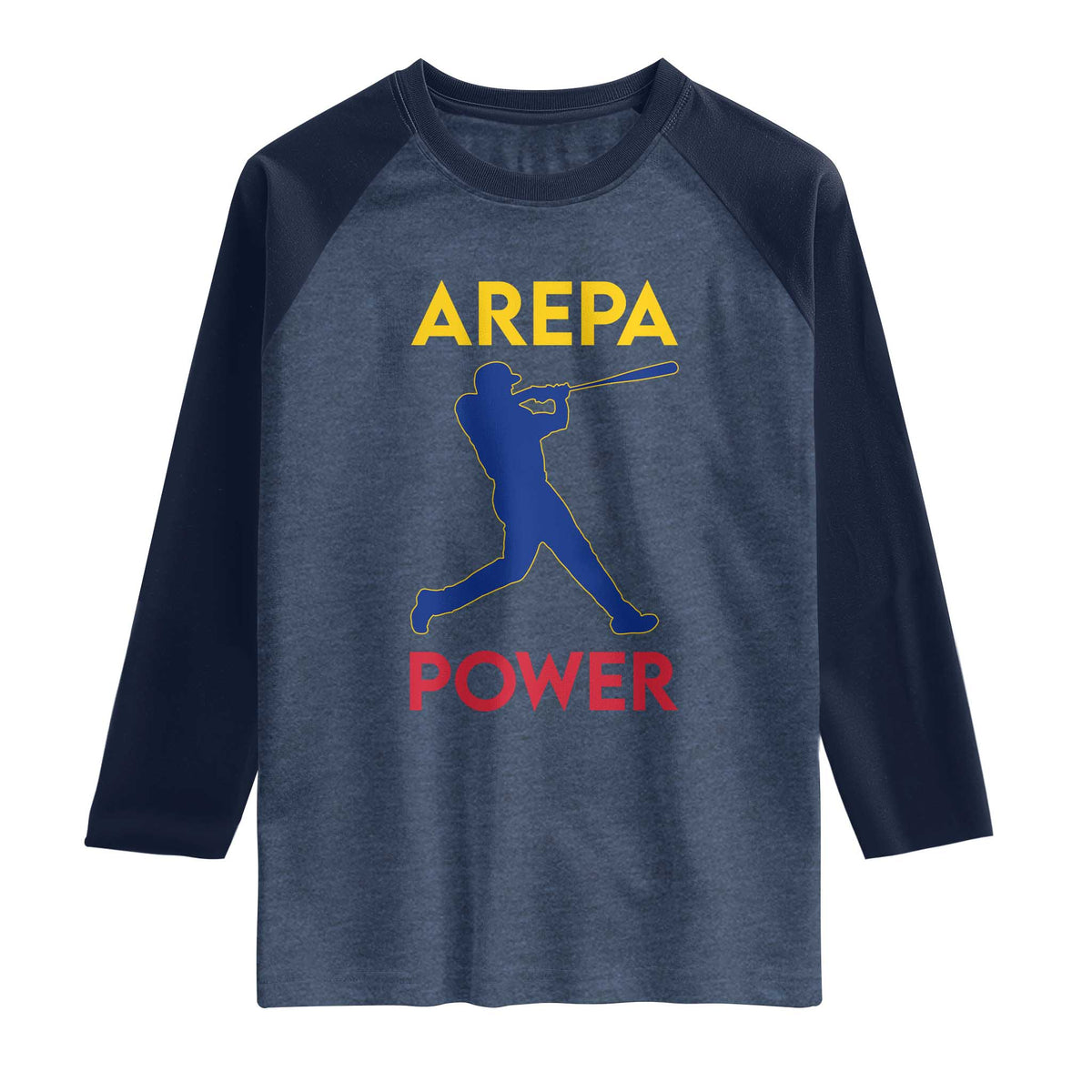 Arepa Power Baseball Batter Silhouette Raglan Shirt Venezuelan Pride Beisbol for Baseball Fans TS02 Heather Denim Navy Print Your Wear