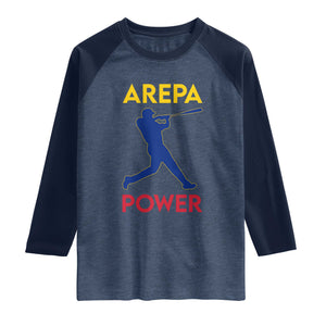 Arepa Power Baseball Batter Silhouette Raglan Shirt Venezuelan Pride Beisbol for Baseball Fans TS02 Heather Denim Navy Print Your Wear
