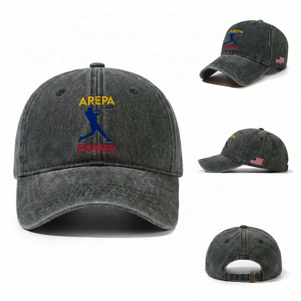 Arepa Power Baseball Batter Silhouette Washed Cotton Baseball Cap Venezuelan Pride Beisbol for Baseball Fans TS02 Washed Cap Universal Fit Dark Green Print Your Wear