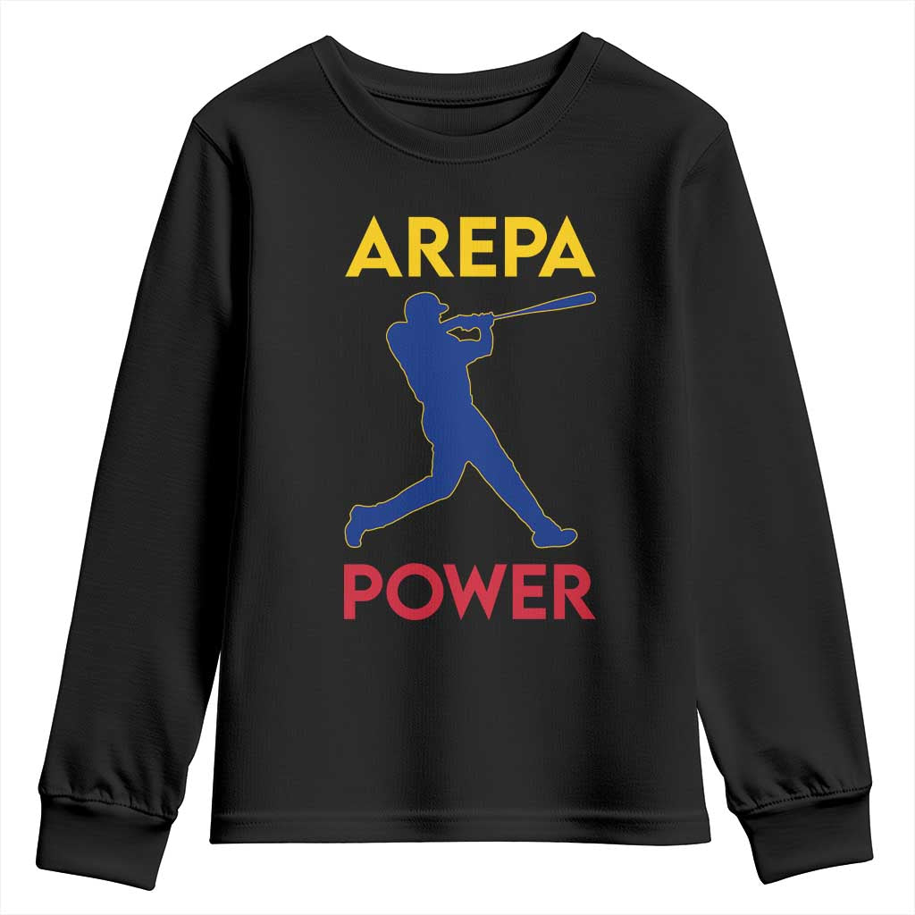 Arepa Power Baseball Batter Silhouette Youth Sweatshirt Venezuelan Pride Beisbol for Baseball Fans TS02 Black Print Your Wear