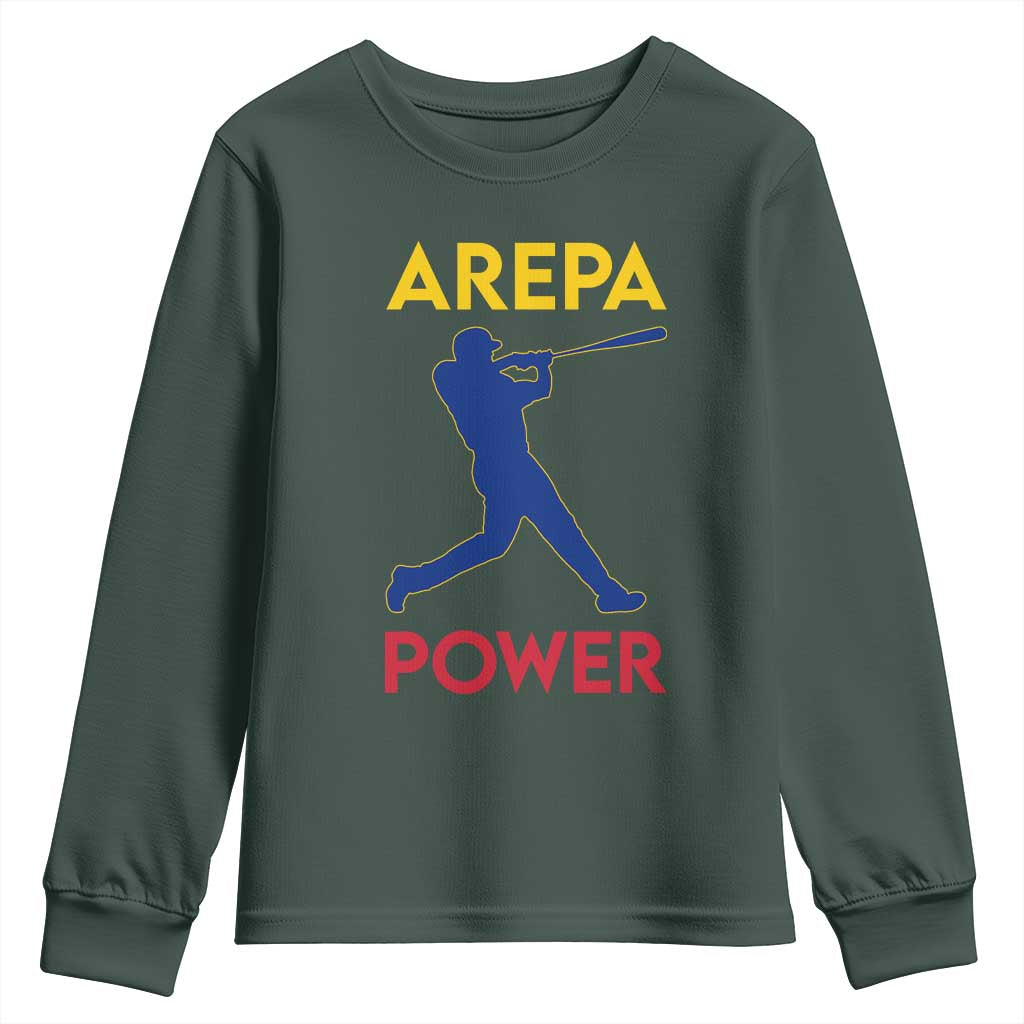 Arepa Power Baseball Batter Silhouette Youth Sweatshirt Venezuelan Pride Beisbol for Baseball Fans TS02 Dark Forest Green Print Your Wear