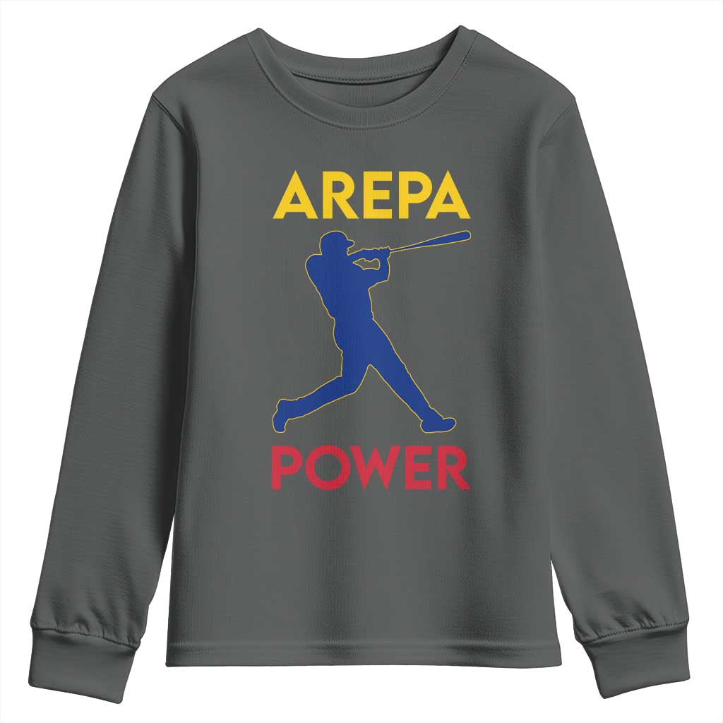 Arepa Power Baseball Batter Silhouette Youth Sweatshirt Venezuelan Pride Beisbol for Baseball Fans TS02 Dark Heather Print Your Wear