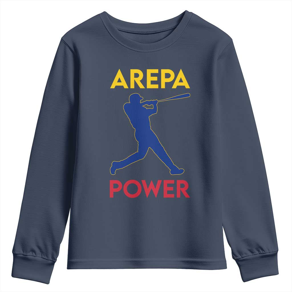 Arepa Power Baseball Batter Silhouette Youth Sweatshirt Venezuelan Pride Beisbol for Baseball Fans TS02 Navy Print Your Wear