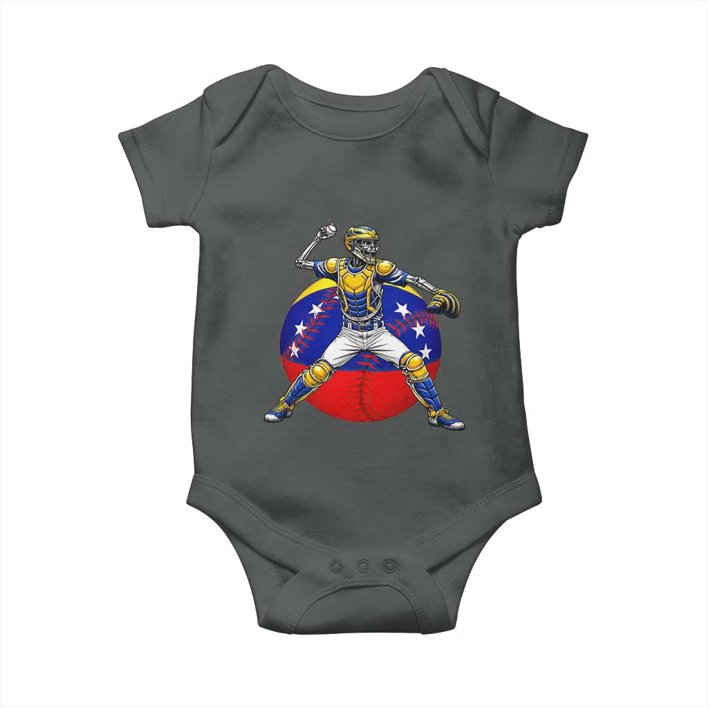 Venezuela Baseball Pitcher Skeleton Baby Onesie Venezuelan Flag Venezuela Pride Sports Fans TS02 Dark Heather Print Your Wear
