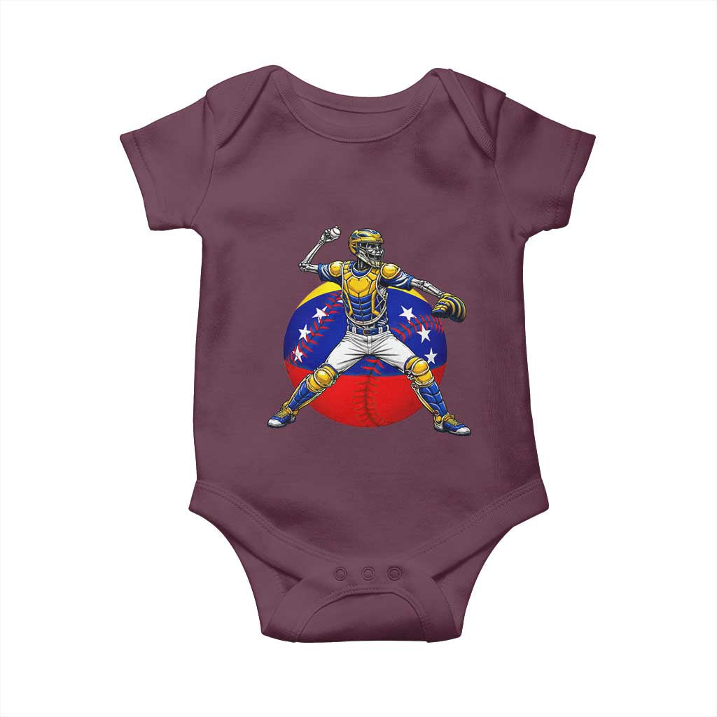 Venezuela Baseball Pitcher Skeleton Baby Onesie Venezuelan Flag Venezuela Pride Sports Fans TS02 Maroon Print Your Wear