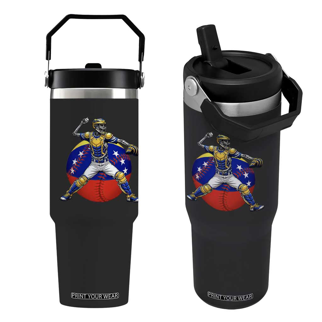 Venezuela Baseball Pitcher Skeleton Flip Straw Tumbler Venezuelan Flag Venezuela Pride Sports Fans TS02 One Size: 30 oz Black Print Your Wear
