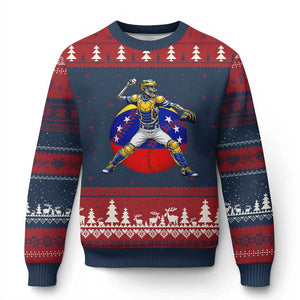 Venezuela Baseball Pitcher Skeleton Ugly Christmas Sweater Venezuelan Flag Venezuela Pride Sports Fans TS02 Navy Red Print Your Wear