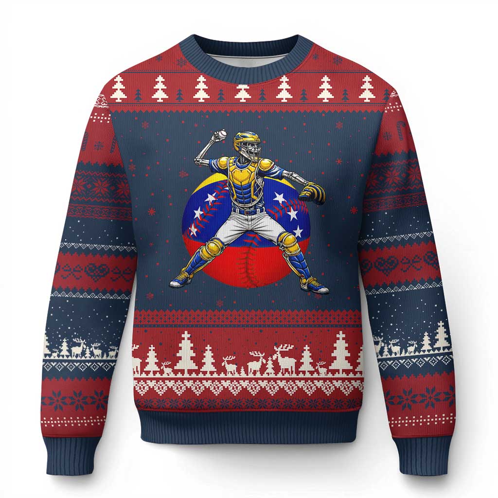 Venezuela Baseball Pitcher Skeleton Ugly Christmas Sweater Venezuelan Flag Venezuela Pride Sports Fans TS02 Navy Red Print Your Wear