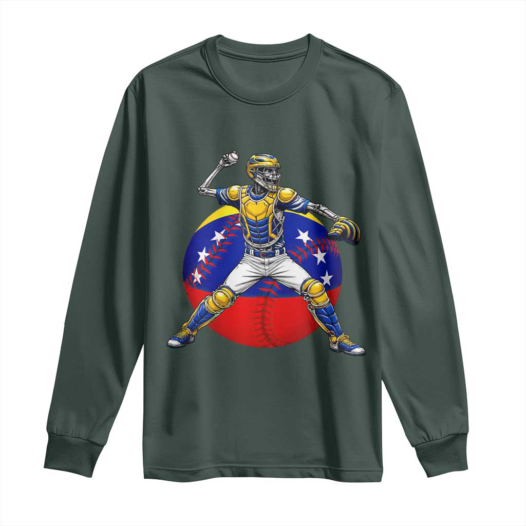 Venezuela Baseball Pitcher Skeleton Long Sleeve Shirt Venezuelan Flag Venezuela Pride Sports Fans TS02 Dark Forest Green Print Your Wear