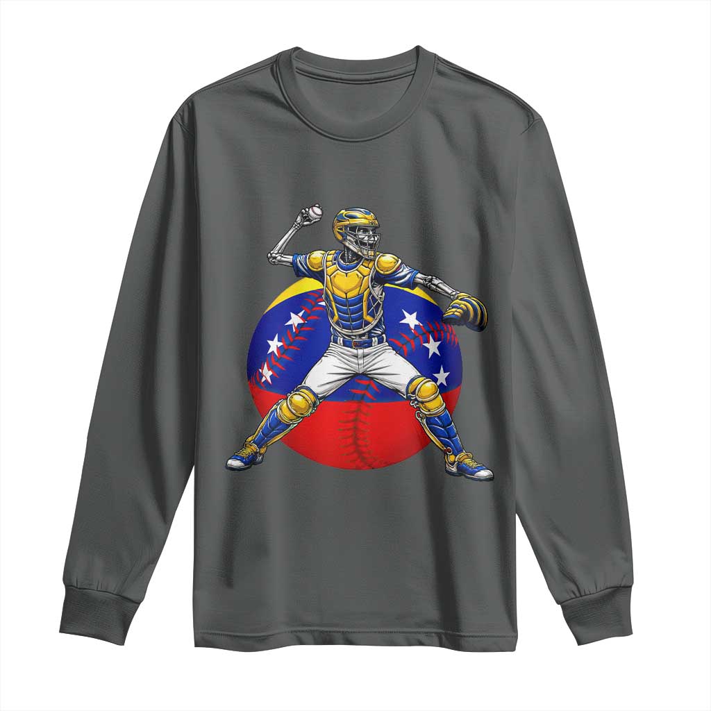 Venezuela Baseball Pitcher Skeleton Long Sleeve Shirt Venezuelan Flag Venezuela Pride Sports Fans TS02 Dark Heather Print Your Wear