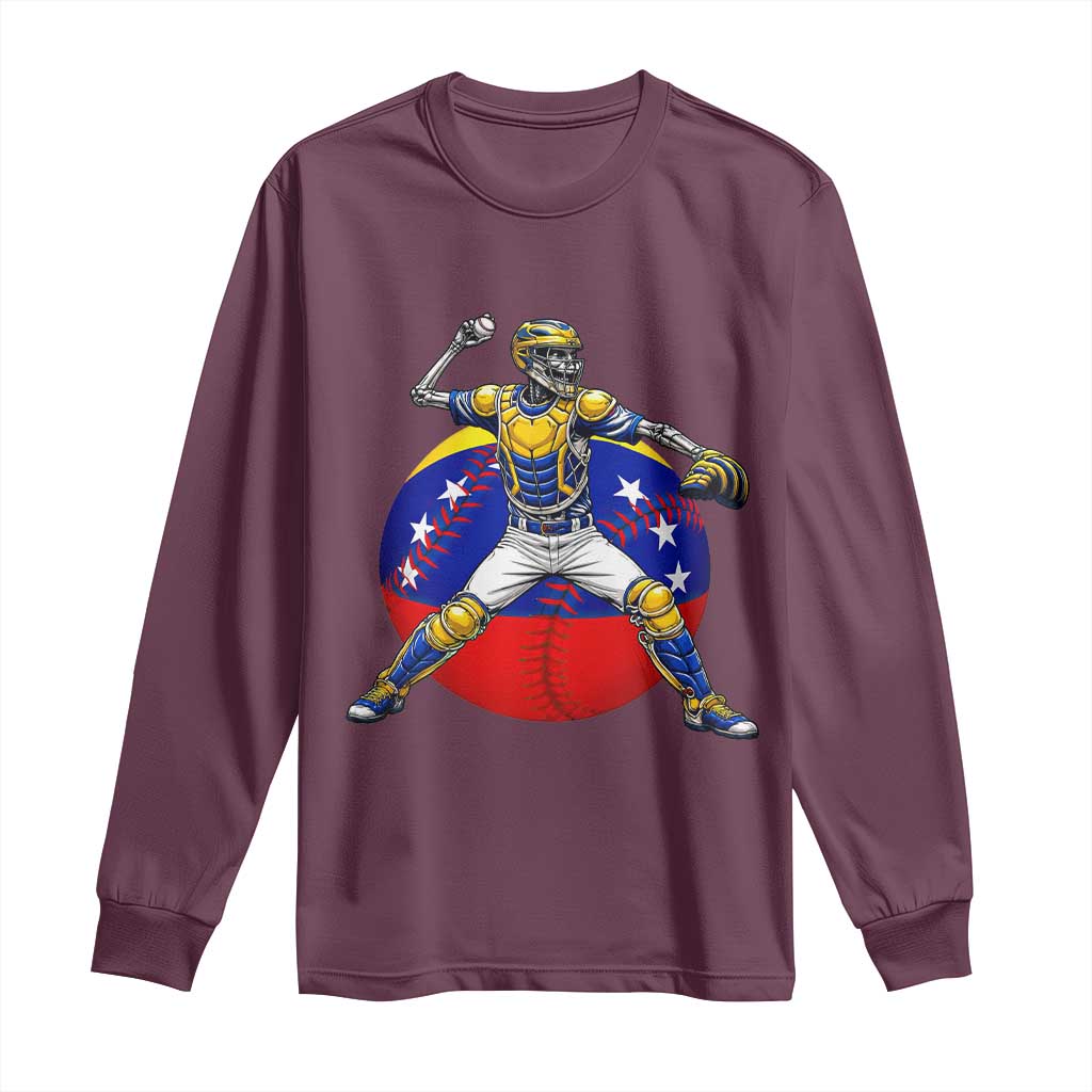 Venezuela Baseball Pitcher Skeleton Long Sleeve Shirt Venezuelan Flag Venezuela Pride Sports Fans TS02 Maroon Print Your Wear
