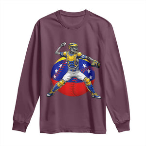 Venezuela Baseball Pitcher Skeleton Long Sleeve Shirt Venezuelan Flag Venezuela Pride Sports Fans TS02 Maroon Print Your Wear