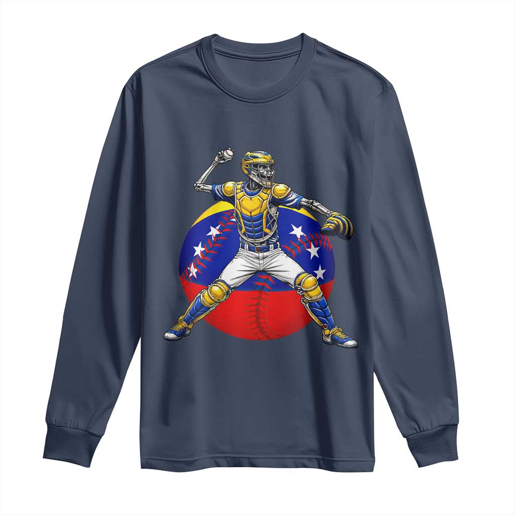 Venezuela Baseball Pitcher Skeleton Long Sleeve Shirt Venezuelan Flag Venezuela Pride Sports Fans TS02 Navy Print Your Wear