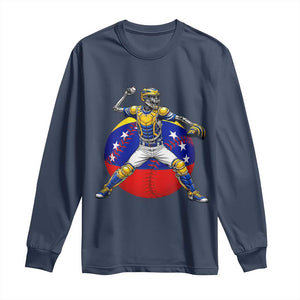 Venezuela Baseball Pitcher Skeleton Long Sleeve Shirt Venezuelan Flag Venezuela Pride Sports Fans TS02 Navy Print Your Wear
