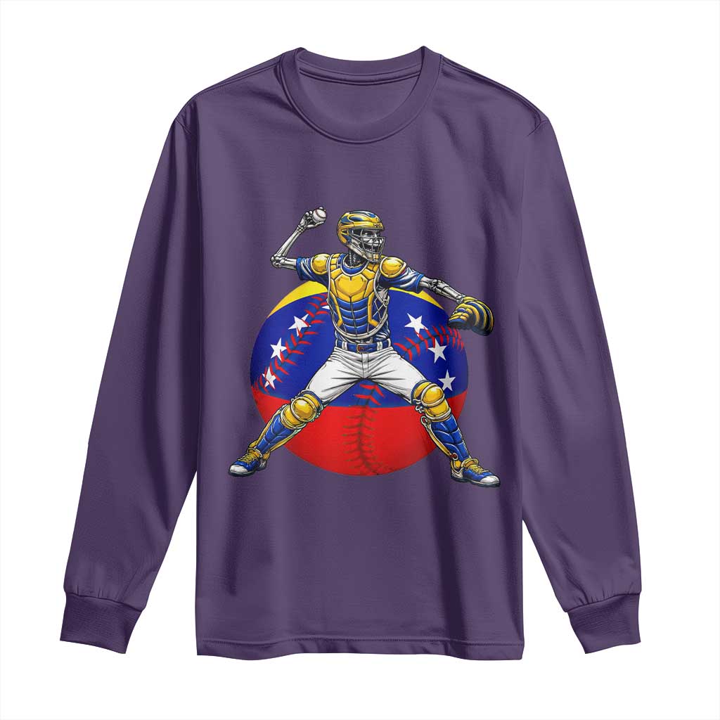 Venezuela Baseball Pitcher Skeleton Long Sleeve Shirt Venezuelan Flag Venezuela Pride Sports Fans TS02 Purple Print Your Wear