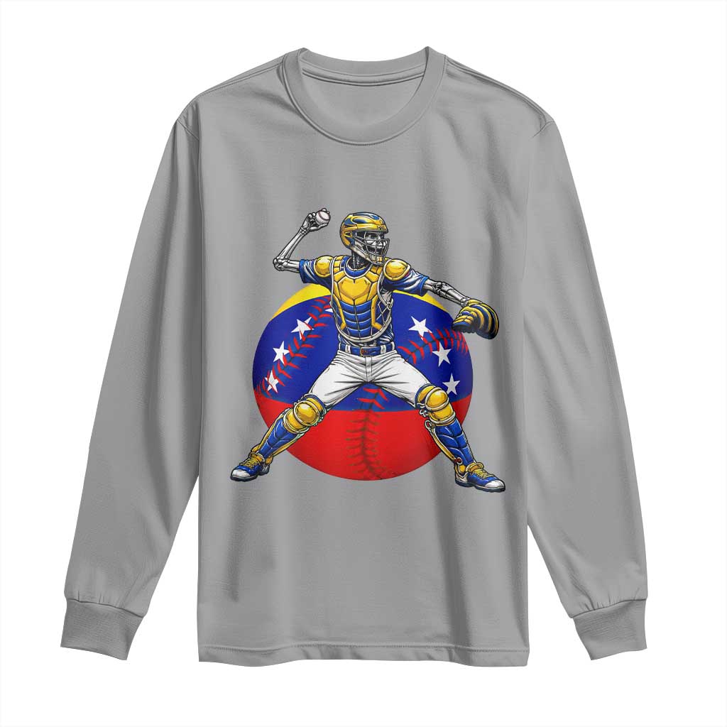 Venezuela Baseball Pitcher Skeleton Long Sleeve Shirt Venezuelan Flag Venezuela Pride Sports Fans TS02 Sport Gray Print Your Wear