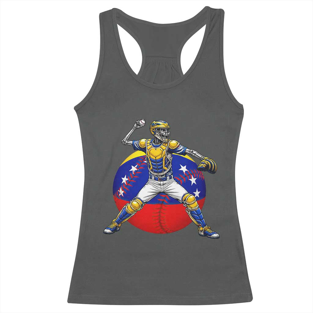 Venezuela Baseball Pitcher Skeleton Racerback Tank Top Venezuelan Flag Venezuela Pride Sports Fans TS02 Dark Heather Print Your Wear