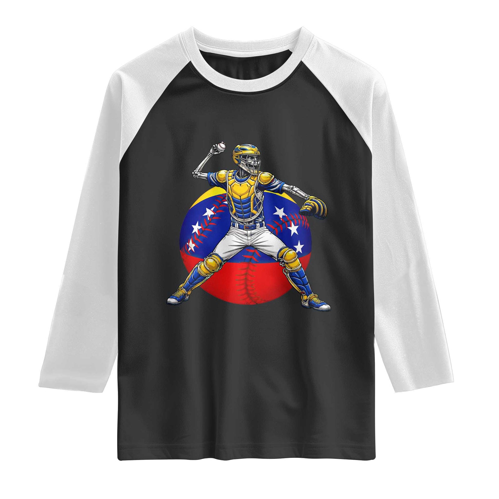 Venezuela Baseball Pitcher Skeleton Raglan Shirt Venezuelan Flag Venezuela Pride Sports Fans TS02 Black White Print Your Wear