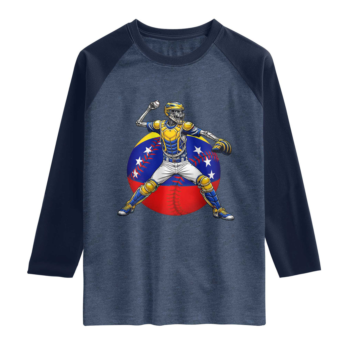 Venezuela Baseball Pitcher Skeleton Raglan Shirt Venezuelan Flag Venezuela Pride Sports Fans TS02 Heather Denim Navy Print Your Wear