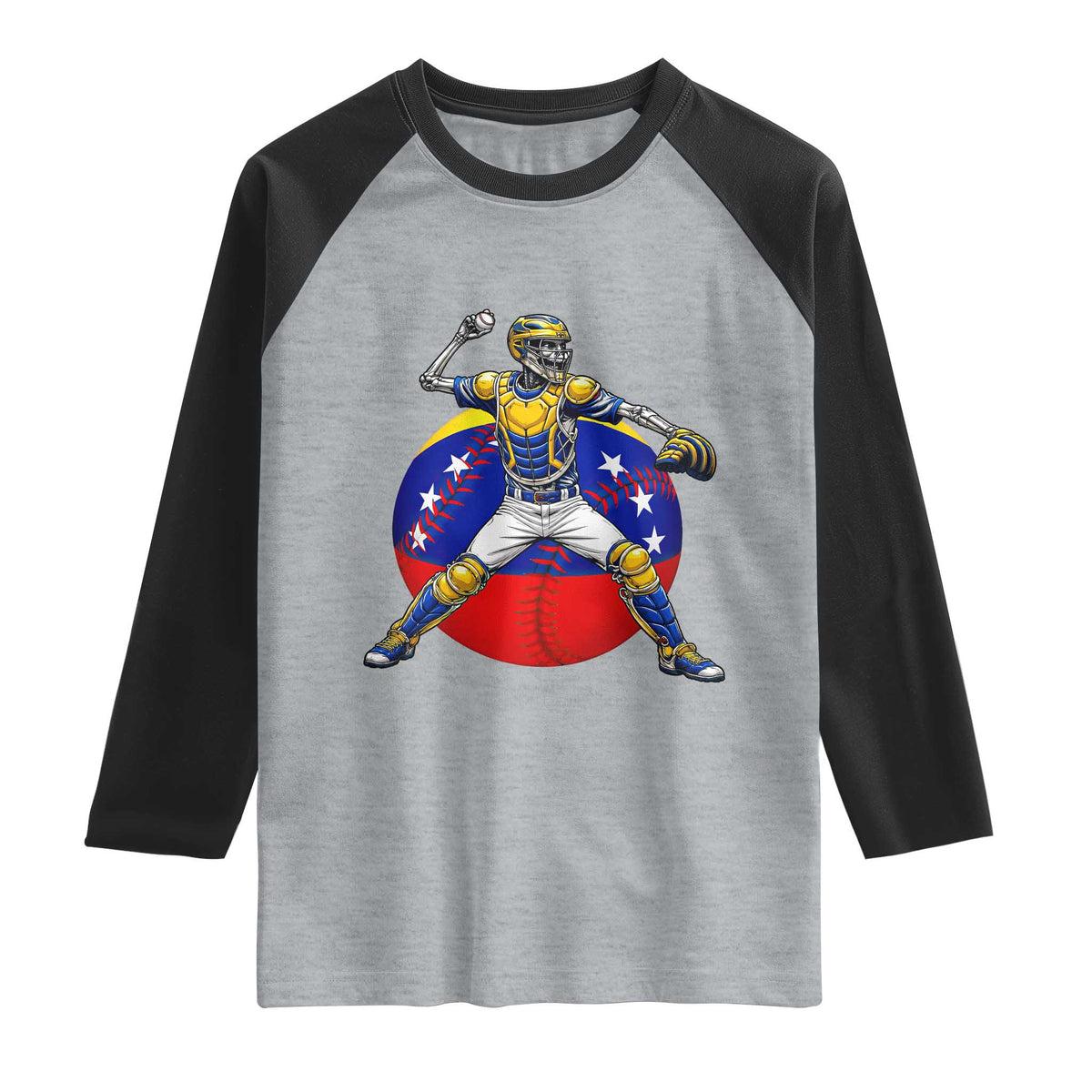 Venezuela Baseball Pitcher Skeleton Raglan Shirt Venezuelan Flag Venezuela Pride Sports Fans TS02 Heather Gray Black Print Your Wear