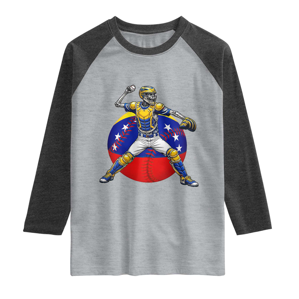 Venezuela Baseball Pitcher Skeleton Raglan Shirt Venezuelan Flag Venezuela Pride Sports Fans TS02 Heather Gray Heather Charcoal Print Your Wear