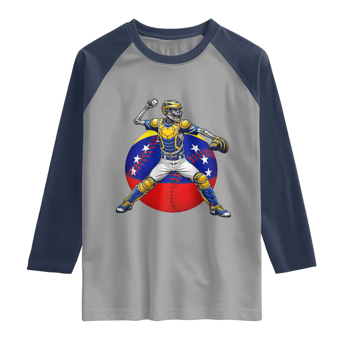 Venezuela Baseball Pitcher Skeleton Raglan Shirt Venezuelan Flag Venezuela Pride Sports Fans TS02 Sport Gray Navy Print Your Wear