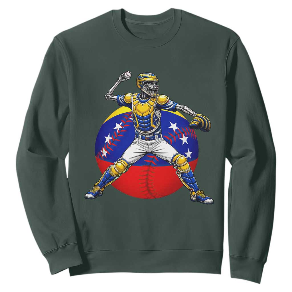 Venezuela Baseball Pitcher Skeleton Sweatshirt Venezuelan Flag Venezuela Pride Sports Fans TS02 Dark Forest Green Print Your Wear