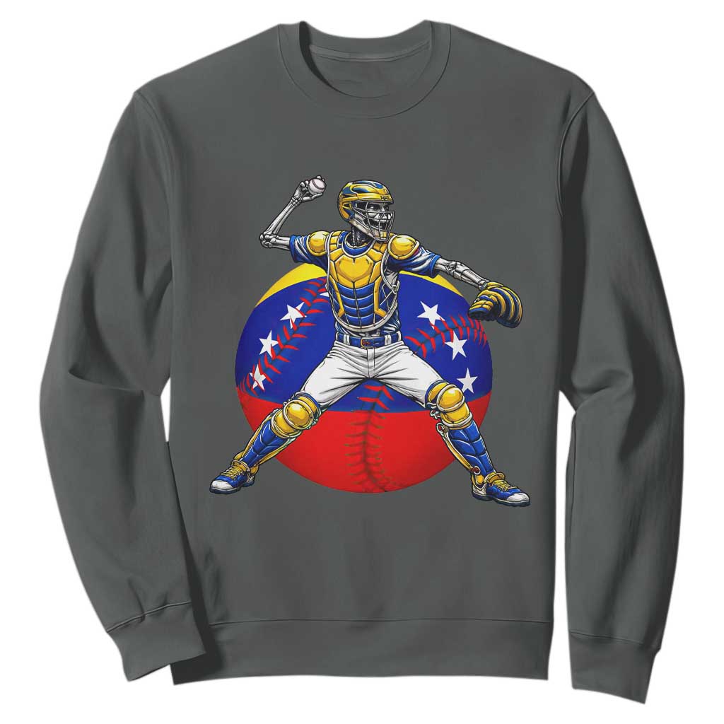 Venezuela Baseball Pitcher Skeleton Sweatshirt Venezuelan Flag Venezuela Pride Sports Fans TS02 Dark Heather Print Your Wear