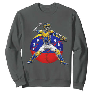 Venezuela Baseball Pitcher Skeleton Sweatshirt Venezuelan Flag Venezuela Pride Sports Fans TS02 Dark Heather Print Your Wear