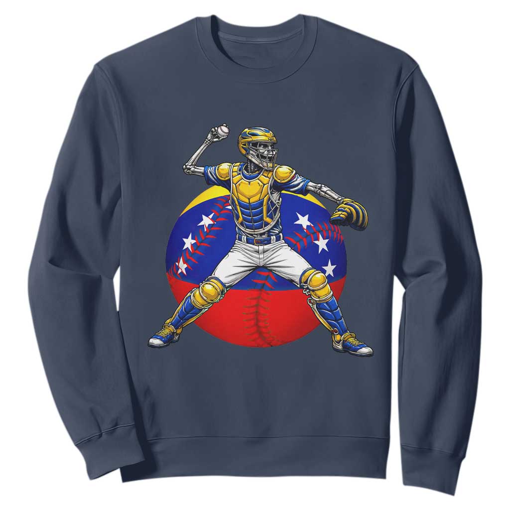 Venezuela Baseball Pitcher Skeleton Sweatshirt Venezuelan Flag Venezuela Pride Sports Fans TS02 Navy Print Your Wear