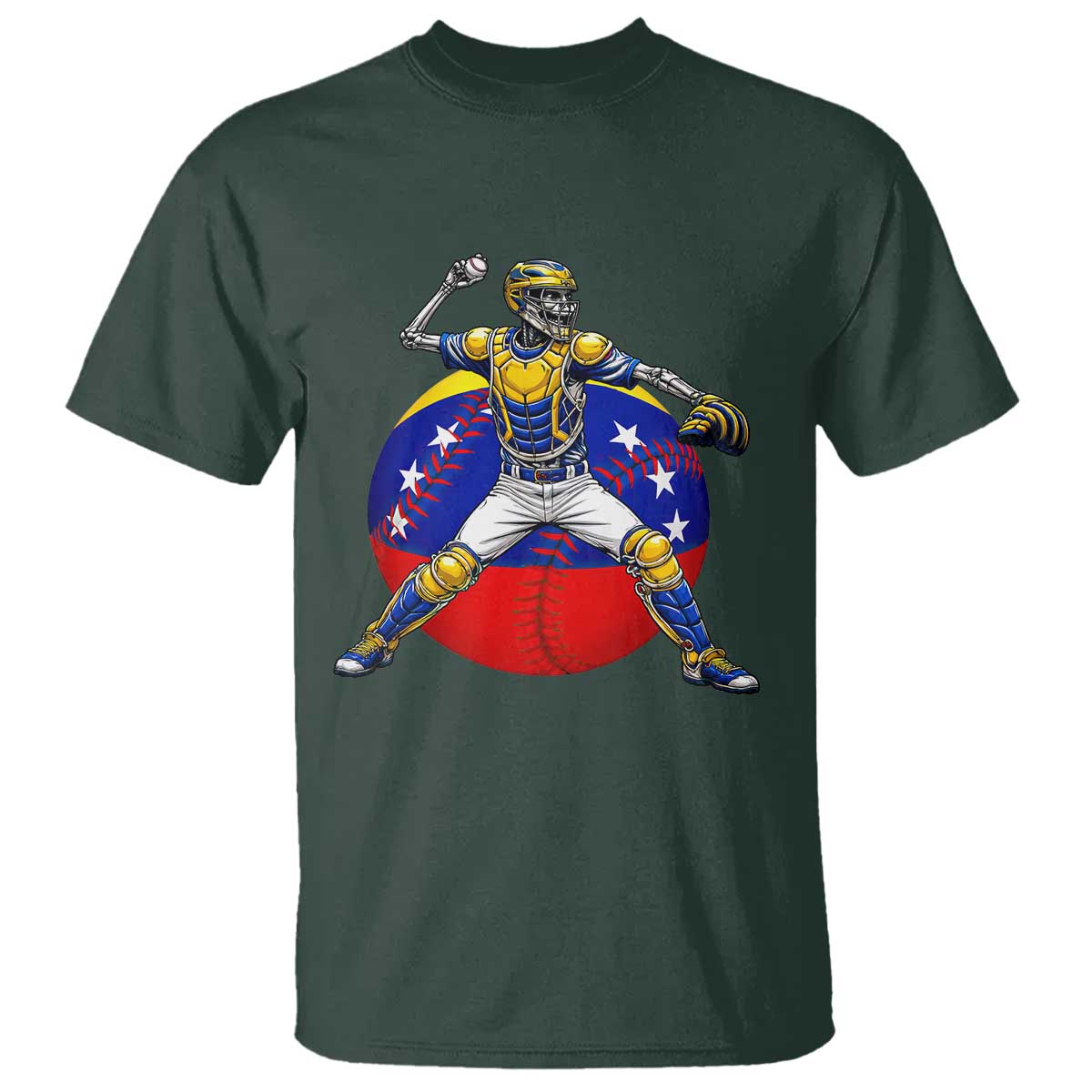 Venezuela Baseball Pitcher Skeleton T Shirt Venezuelan Flag Venezuela Pride Sports Fans TS02 Dark Forest Green Print Your Wear