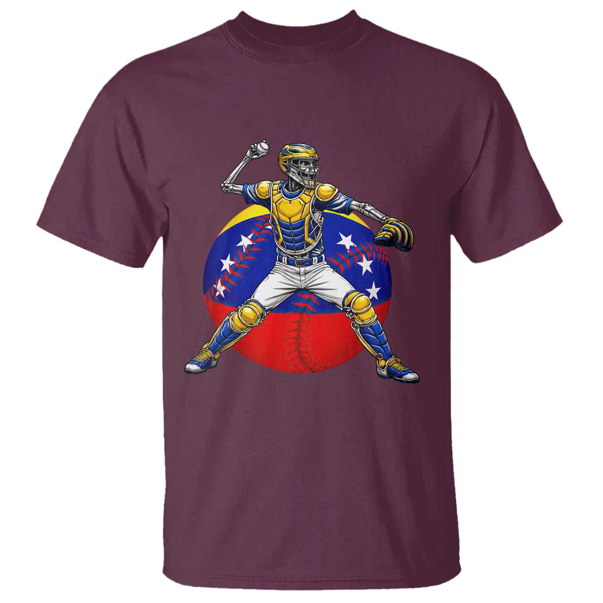 Venezuela Baseball Pitcher Skeleton T Shirt Venezuelan Flag Venezuela Pride Sports Fans TS02 Maroon Print Your Wear