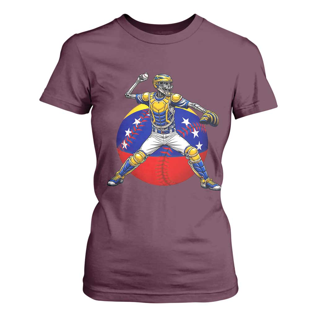Venezuela Baseball Pitcher Skeleton T Shirt For Women Venezuelan Flag Venezuela Pride Sports Fans TS02 Maroon Print Your Wear