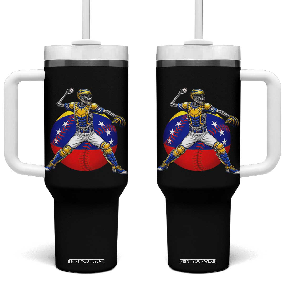 Venezuela Baseball Pitcher Skeleton Tumbler With Handle Venezuelan Flag Venezuela Pride Sports Fans TS02 One Size: 40 oz Black Print Your Wear