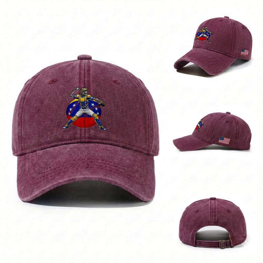 Venezuela Baseball Pitcher Skeleton Washed Cotton Baseball Cap Venezuelan Flag Venezuela Pride Sports Fans TS02 Washed Cap Universal Fit Burgundy Print Your Wear
