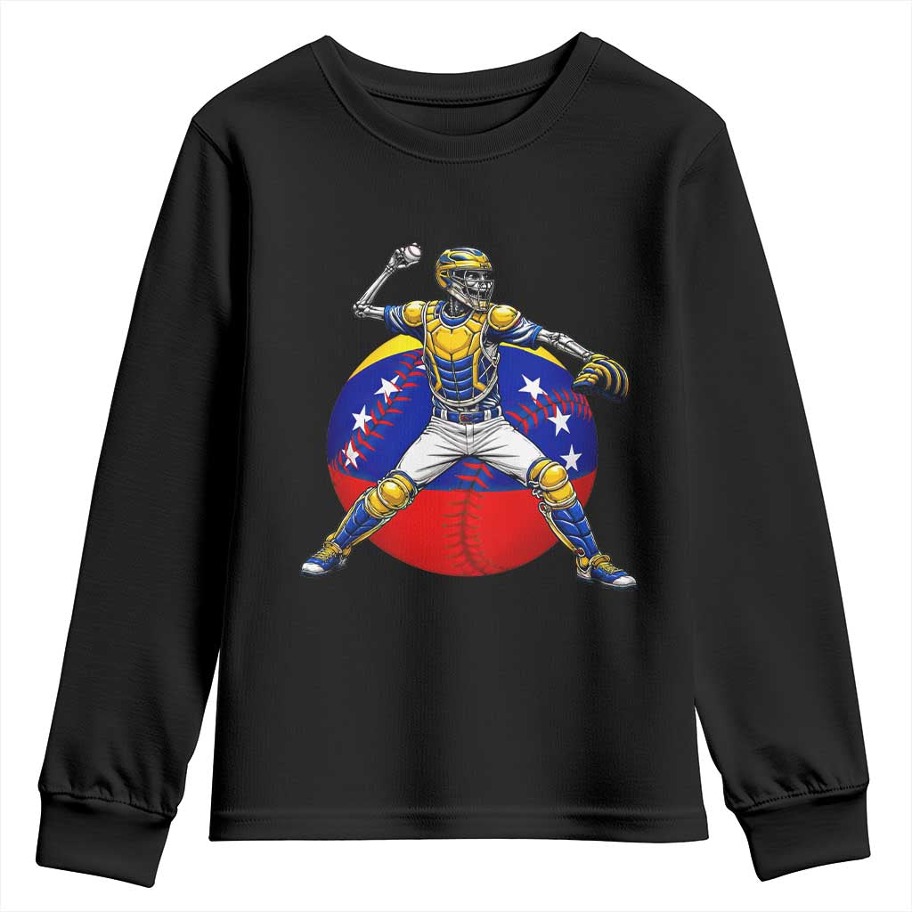 Venezuela Baseball Pitcher Skeleton Youth Sweatshirt Venezuelan Flag Venezuela Pride Sports Fans TS02 Black Print Your Wear