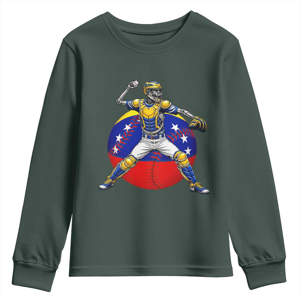 Venezuela Baseball Pitcher Skeleton Youth Sweatshirt Venezuelan Flag Venezuela Pride Sports Fans TS02 Dark Forest Green Print Your Wear