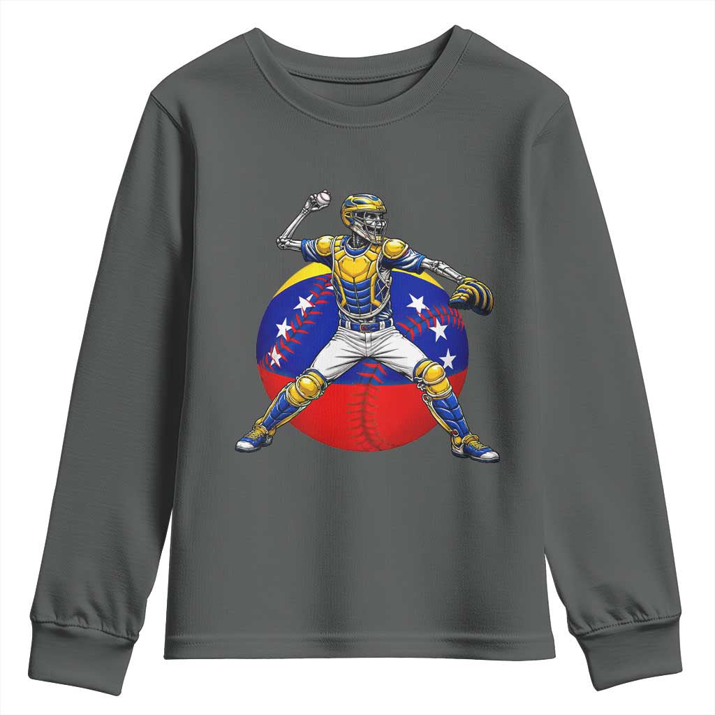 Venezuela Baseball Pitcher Skeleton Youth Sweatshirt Venezuelan Flag Venezuela Pride Sports Fans TS02 Dark Heather Print Your Wear