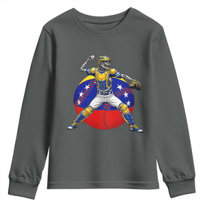 Venezuela Baseball Pitcher Skeleton Youth Sweatshirt Venezuelan Flag Venezuela Pride Sports Fans TS02 Dark Heather Print Your Wear