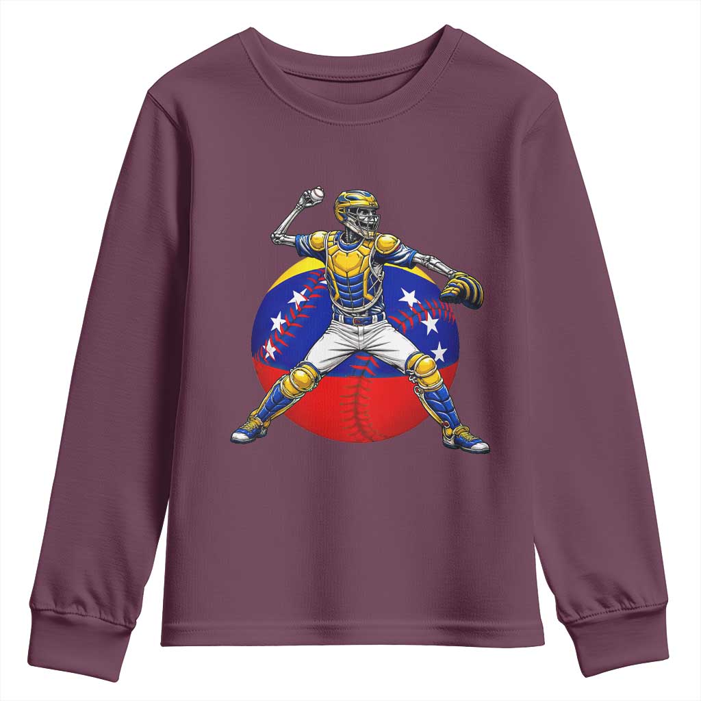 Venezuela Baseball Pitcher Skeleton Youth Sweatshirt Venezuelan Flag Venezuela Pride Sports Fans TS02 Maroon Print Your Wear