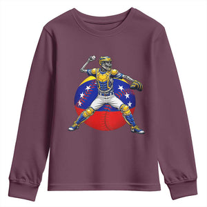 Venezuela Baseball Pitcher Skeleton Youth Sweatshirt Venezuelan Flag Venezuela Pride Sports Fans TS02 Maroon Print Your Wear