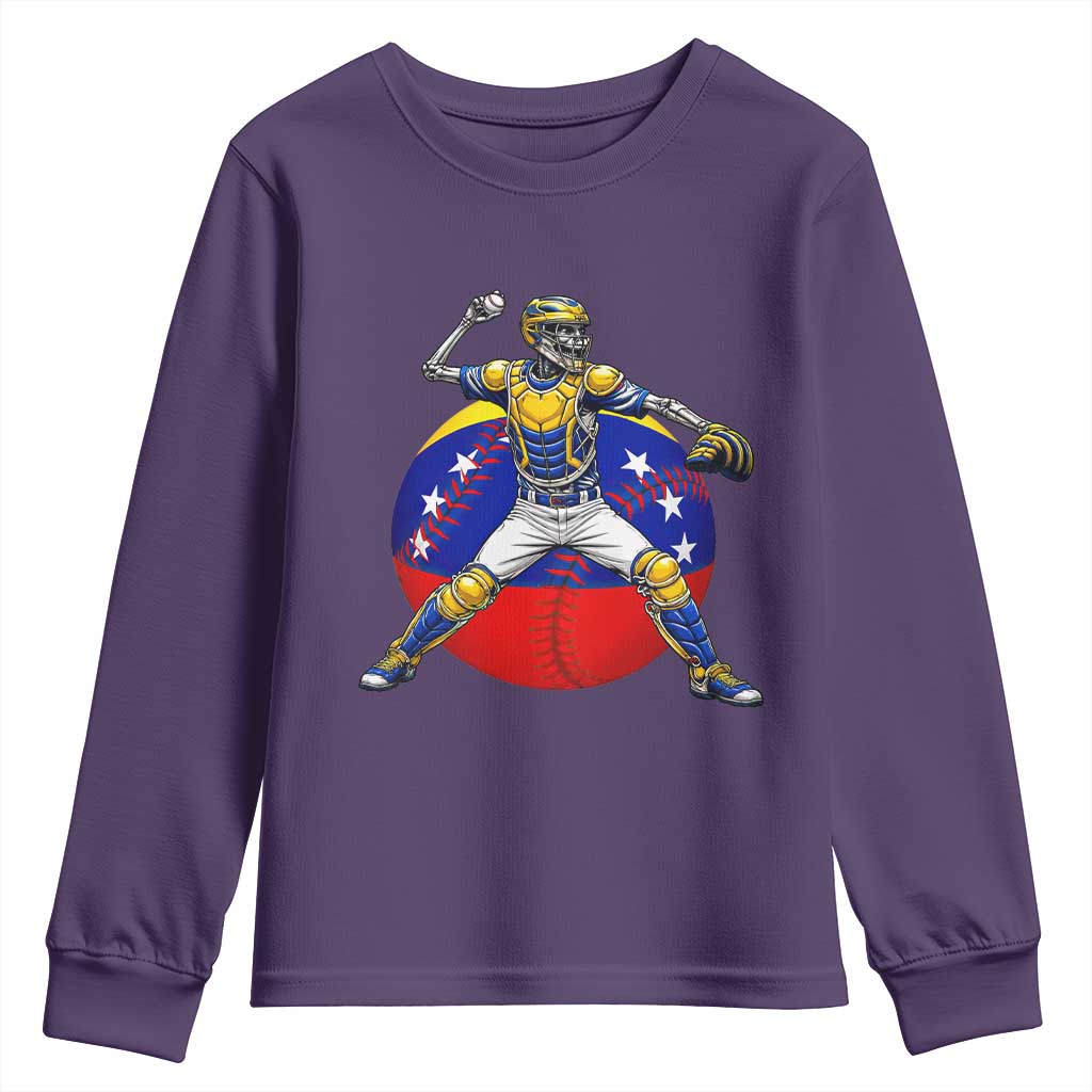 Venezuela Baseball Pitcher Skeleton Youth Sweatshirt Venezuelan Flag Venezuela Pride Sports Fans TS02 Purple Print Your Wear