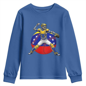 Venezuela Baseball Pitcher Skeleton Youth Sweatshirt Venezuelan Flag Venezuela Pride Sports Fans TS02 Royal Blue Print Your Wear