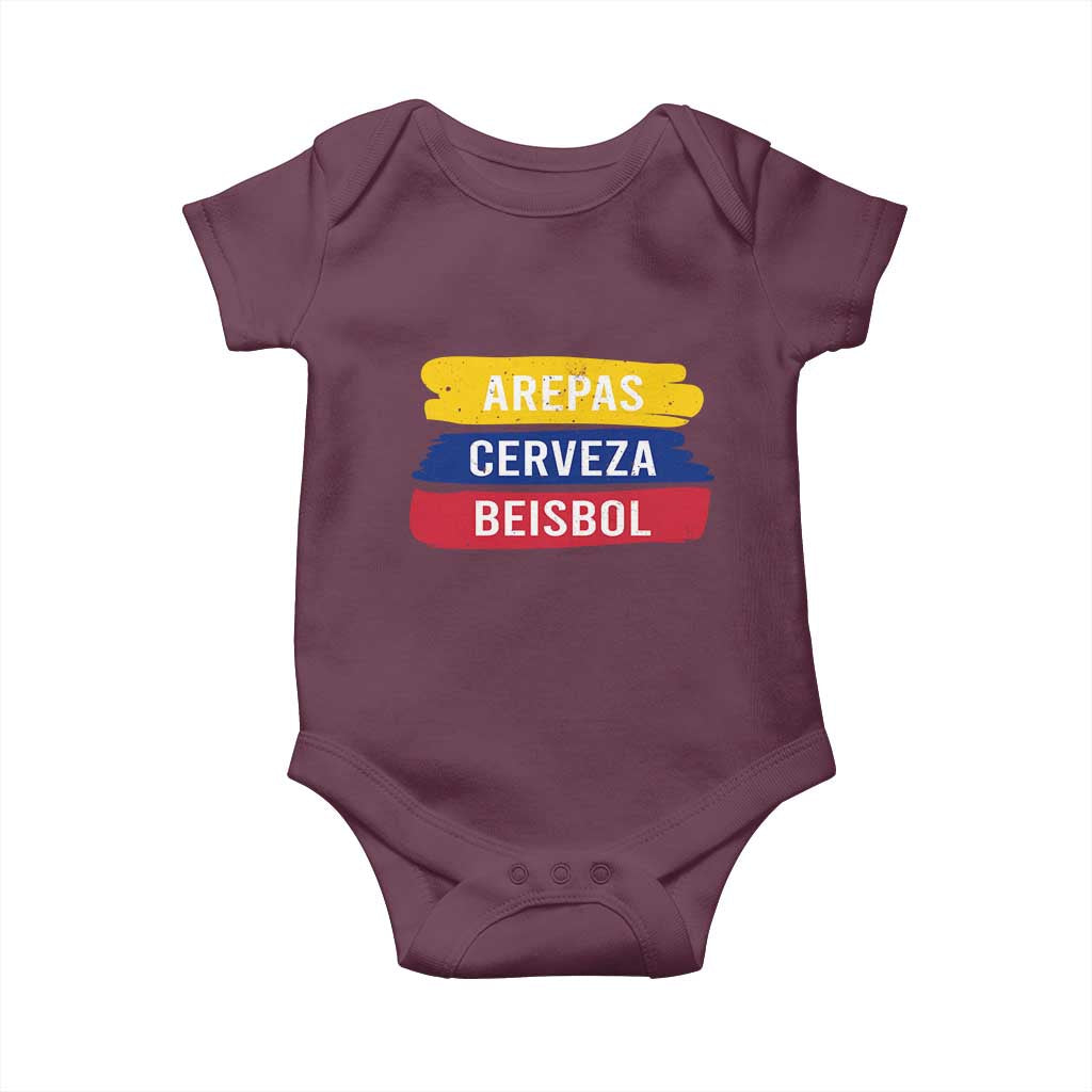 Arepas Cerveza Beisbol Venezuela Things Baby Onesie Funny Latino Food Beer and Baseball Pride TS02 Maroon Print Your Wear